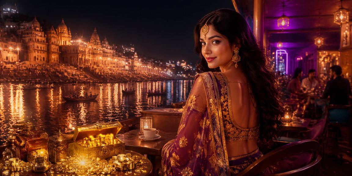 Andar Bahar card game with Varanasi scenery and Bollywood feel